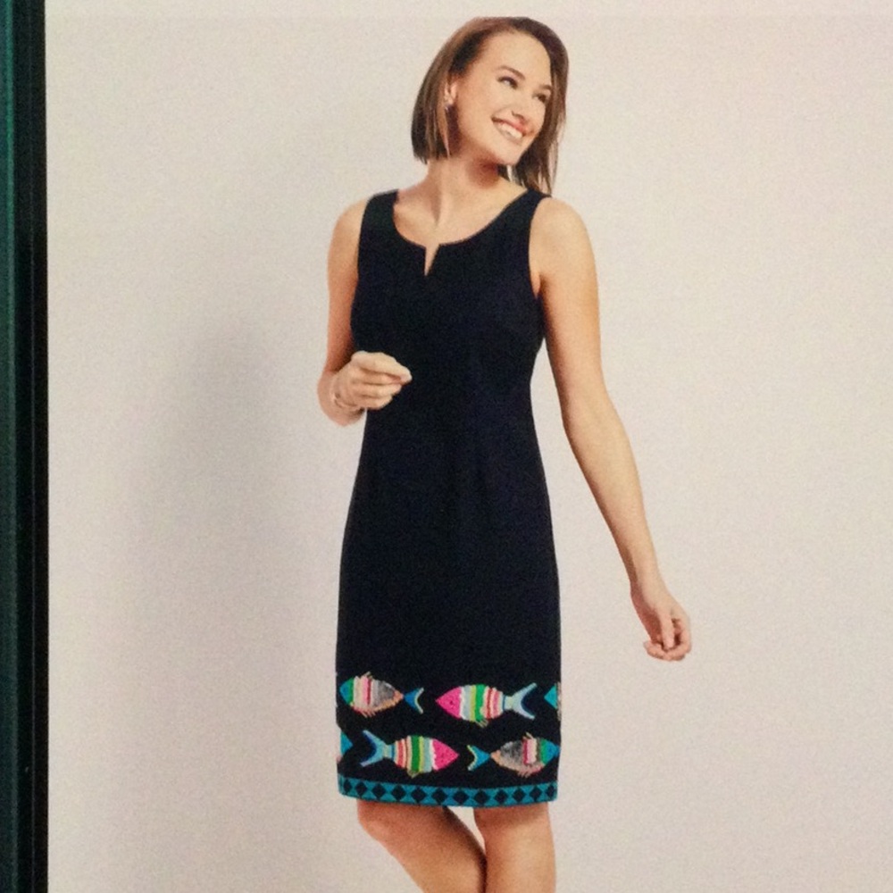 Talbots Dress Navy Sleeveless Shift Dress with Embroidered Colorful Fish Sz 14P